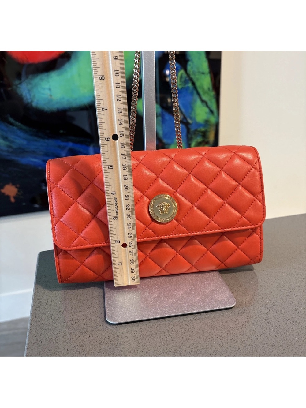 Versace Quilted Coral-Red Chain Shoulder Bag $ 1795 Retail - Picture 7 of 14